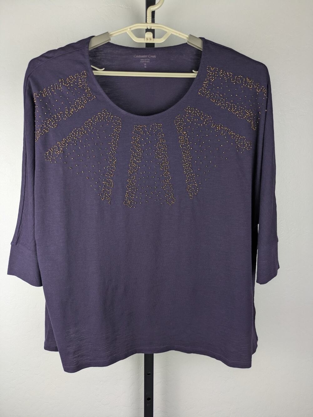 Coldwater Creek Purple 3/4 Sleeve Knit Top Bronze Tone Beading